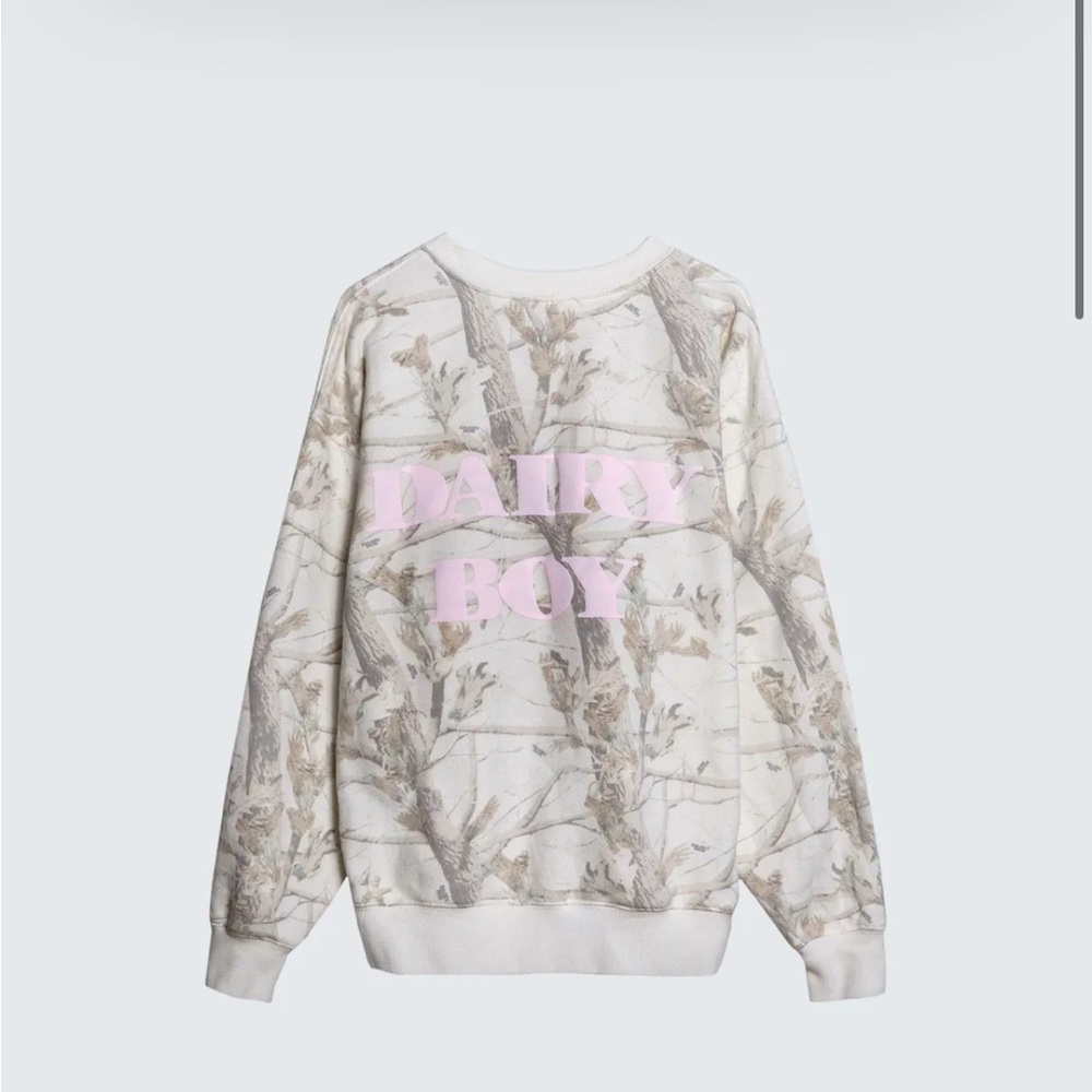 Dairy Boy Woodland Camo + pink DB logo. This sweater is sold out on the website.